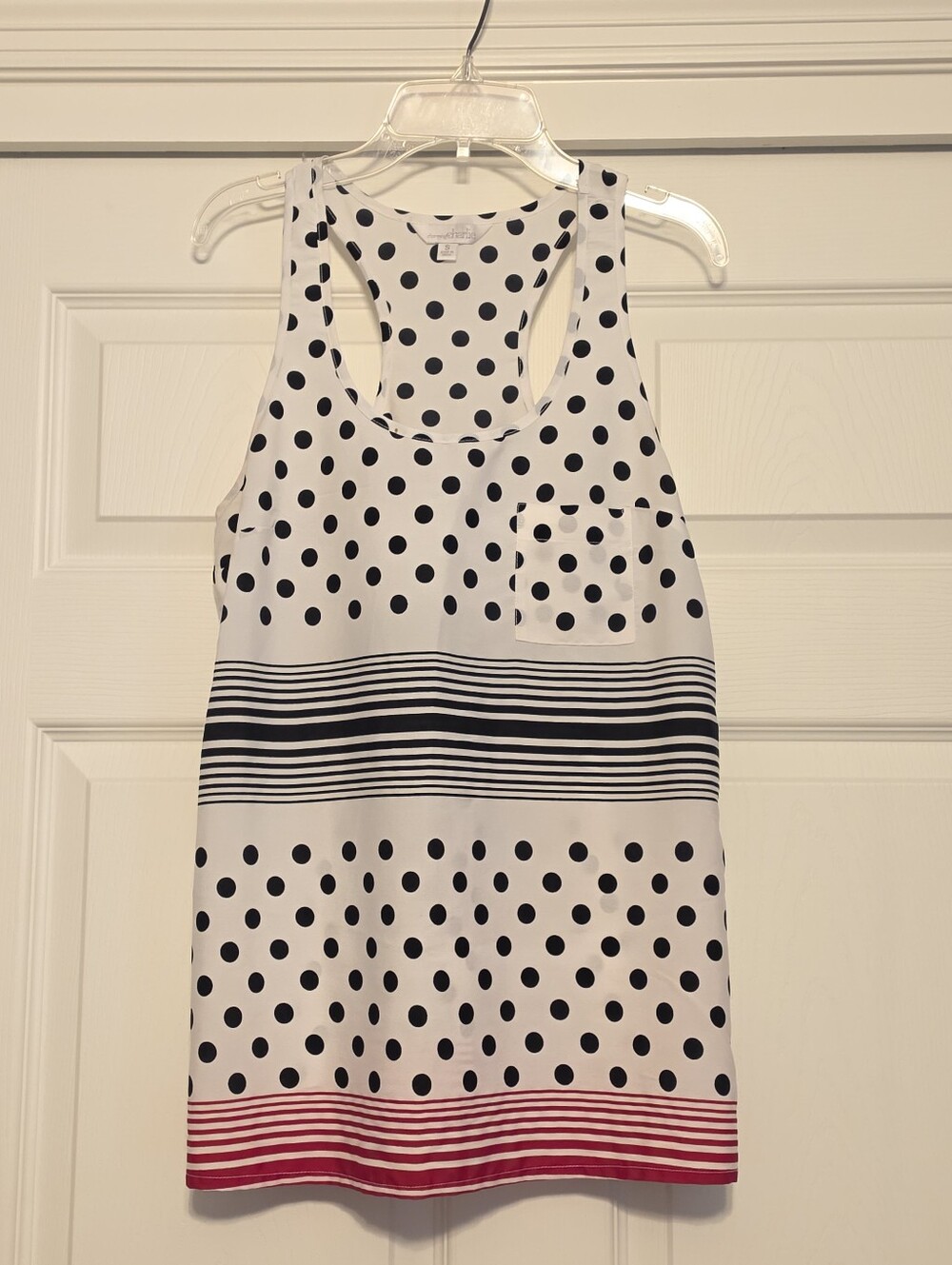 Charming Charlie White Polka Dot Racerback Tank with Blue/Black/RedStripes